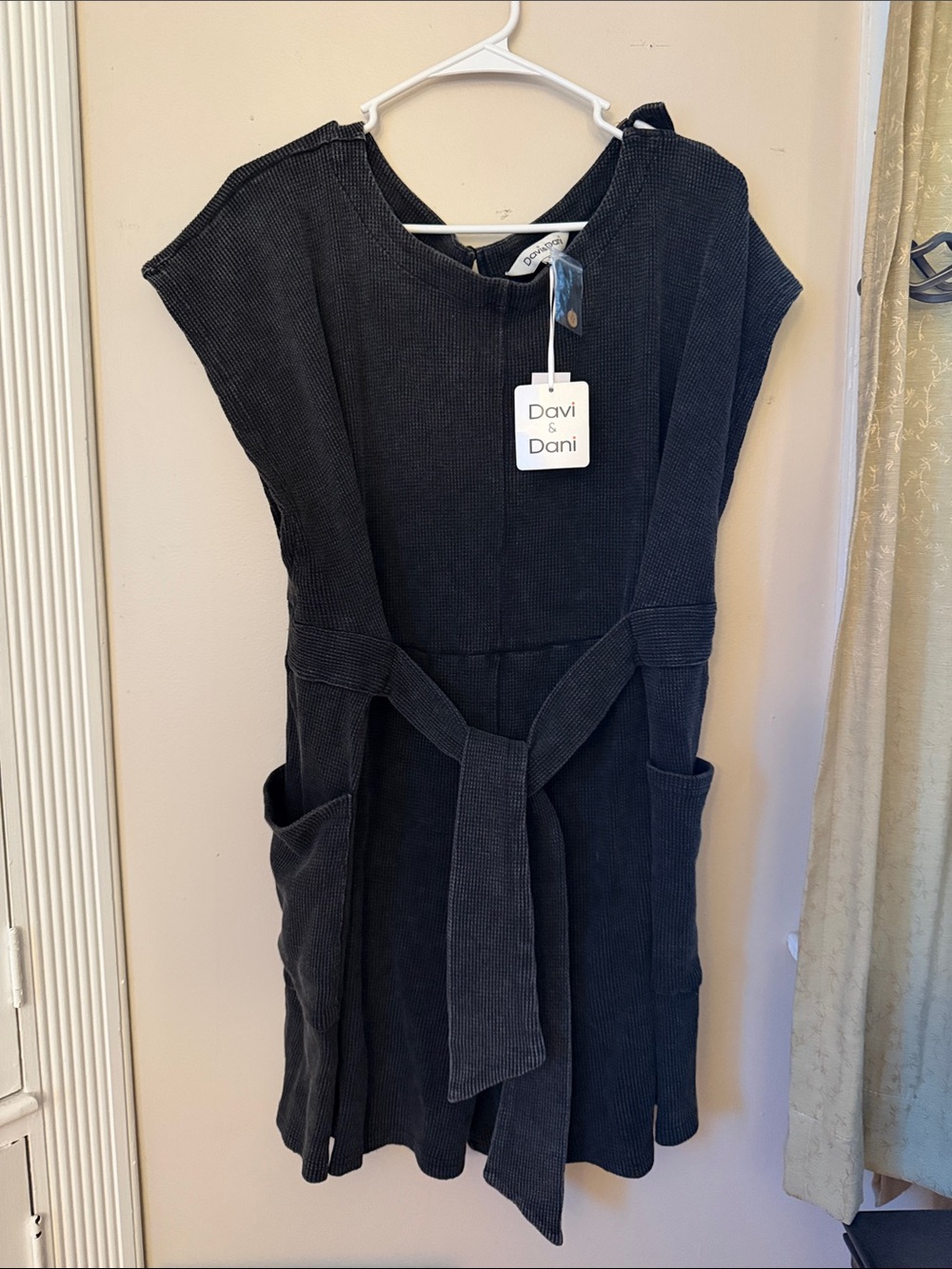 DAVI & DANI Black Textured Romper with Self-Tie Belt